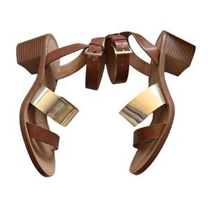 Zara trafaluc brown gold chunky short heel ankle sandal